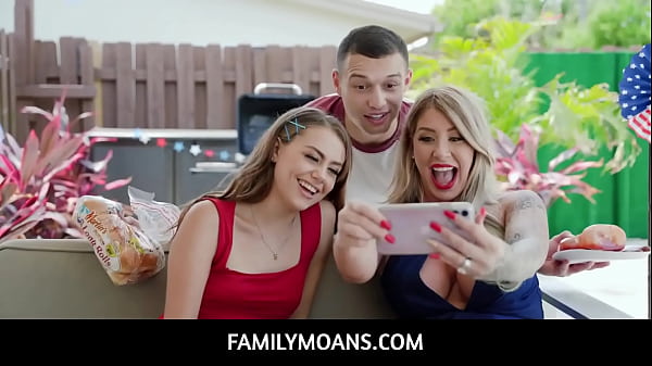 FamilyMoans  –  When stepbrother Johnny arrives at the party, he starts grilling some hotdogs, and sneakily gives some to Selena who starts sucking on his wiener as a way to say thank you